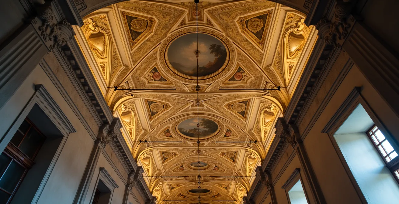 Sistema di cavi e tralicci per sospensione scultura in ambiente storico con volte affrescate