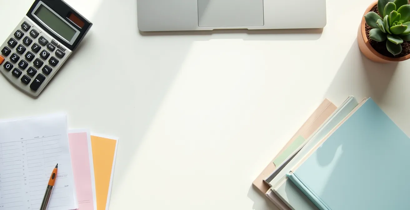 Vista dall'alto di scrivania curatore con documenti fiscali organizzati