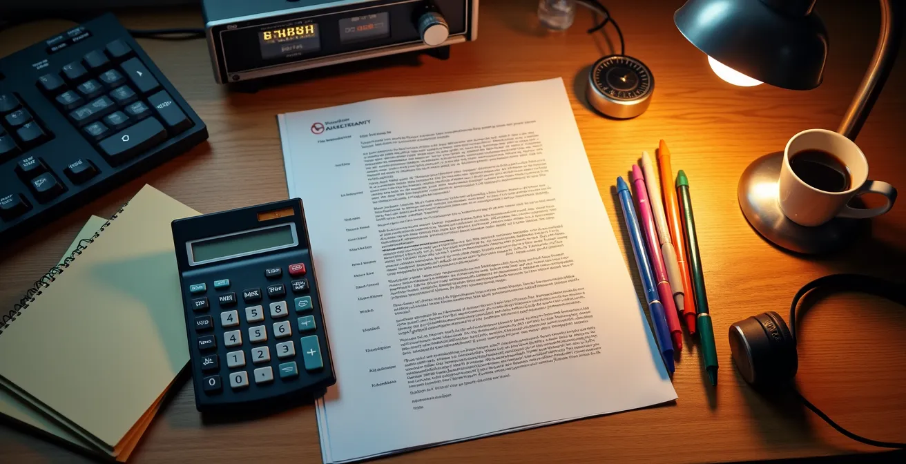 Vista ravvicinata di un documento split sheet con penne e una calcolatrice su un tavolo da studio