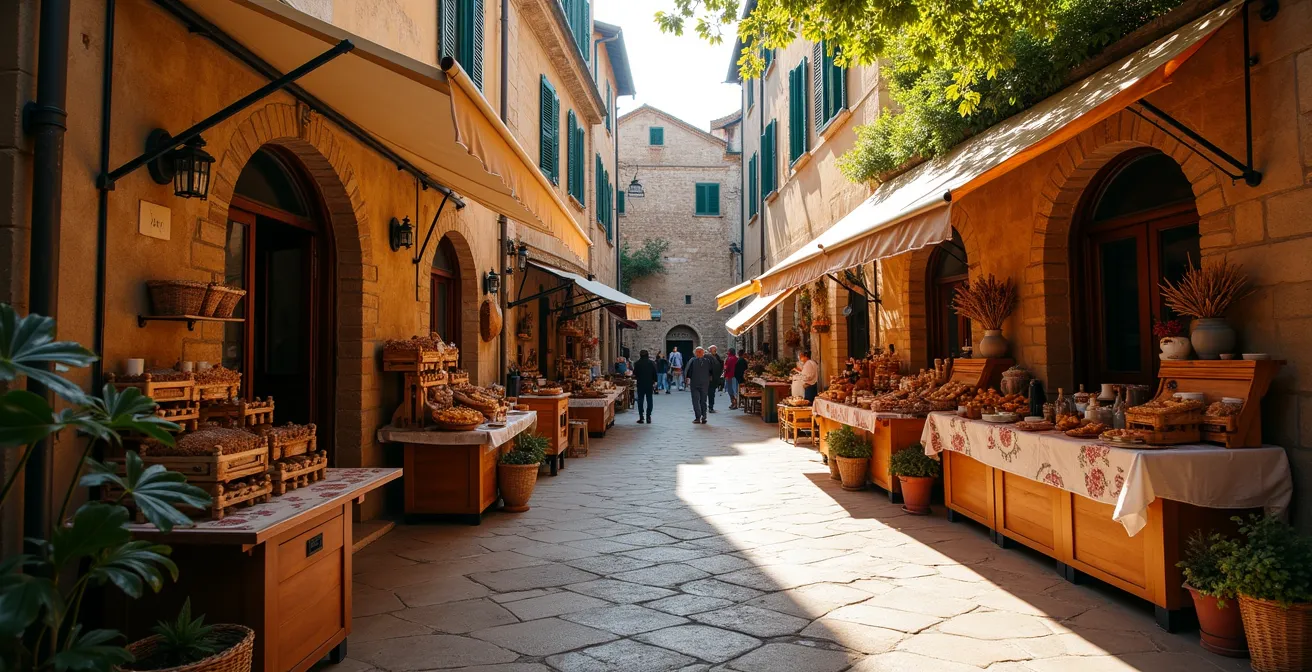 Artigiani locali e commercianti del borgo espongono prodotti durante festival con elementi di sponsorizzazione integrata
