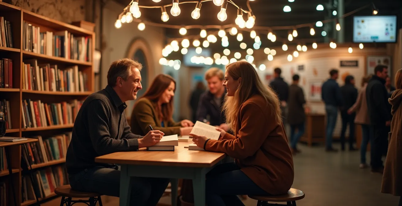 Stand di editore indipendente trasformato in spazio di incontro durante una fiera del libro