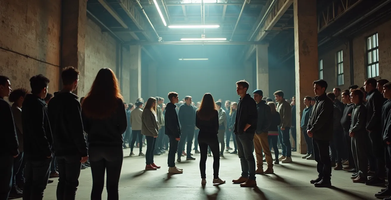 Performance teatrale in fabbrica abbandonata con pubblico giovane partecipativo