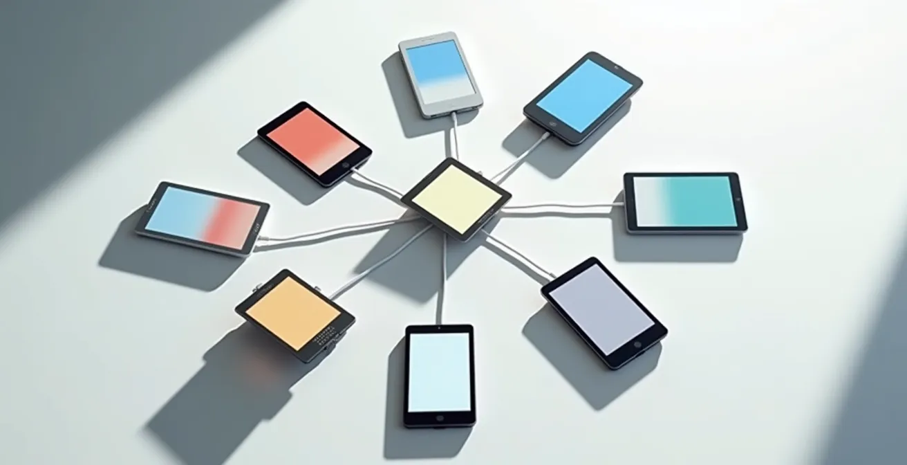 Vista dall'alto di diversi dispositivi di lettura digitale disposti su superficie minimalista con ombre geometriche