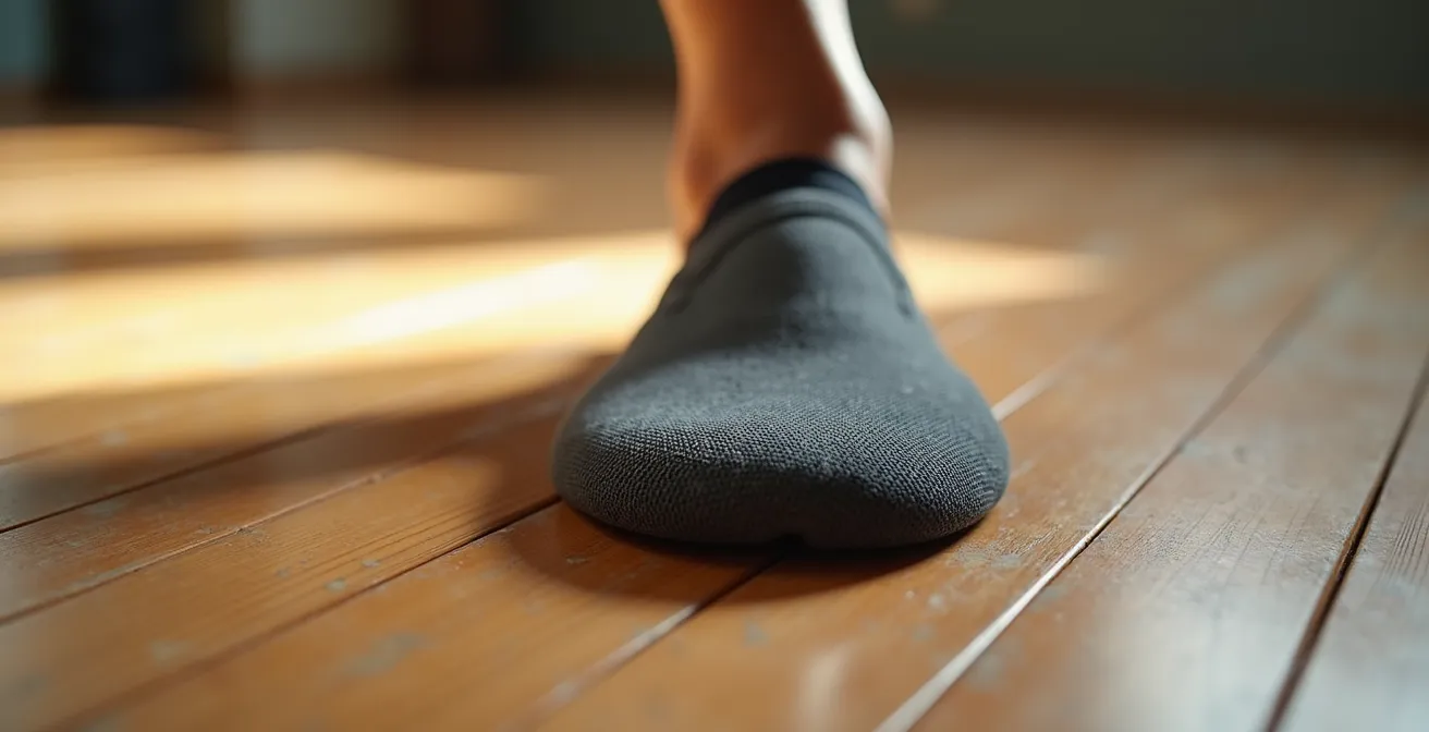 Test di scivolamento controllato su pavimento di sala danza con dettaglio della superficie