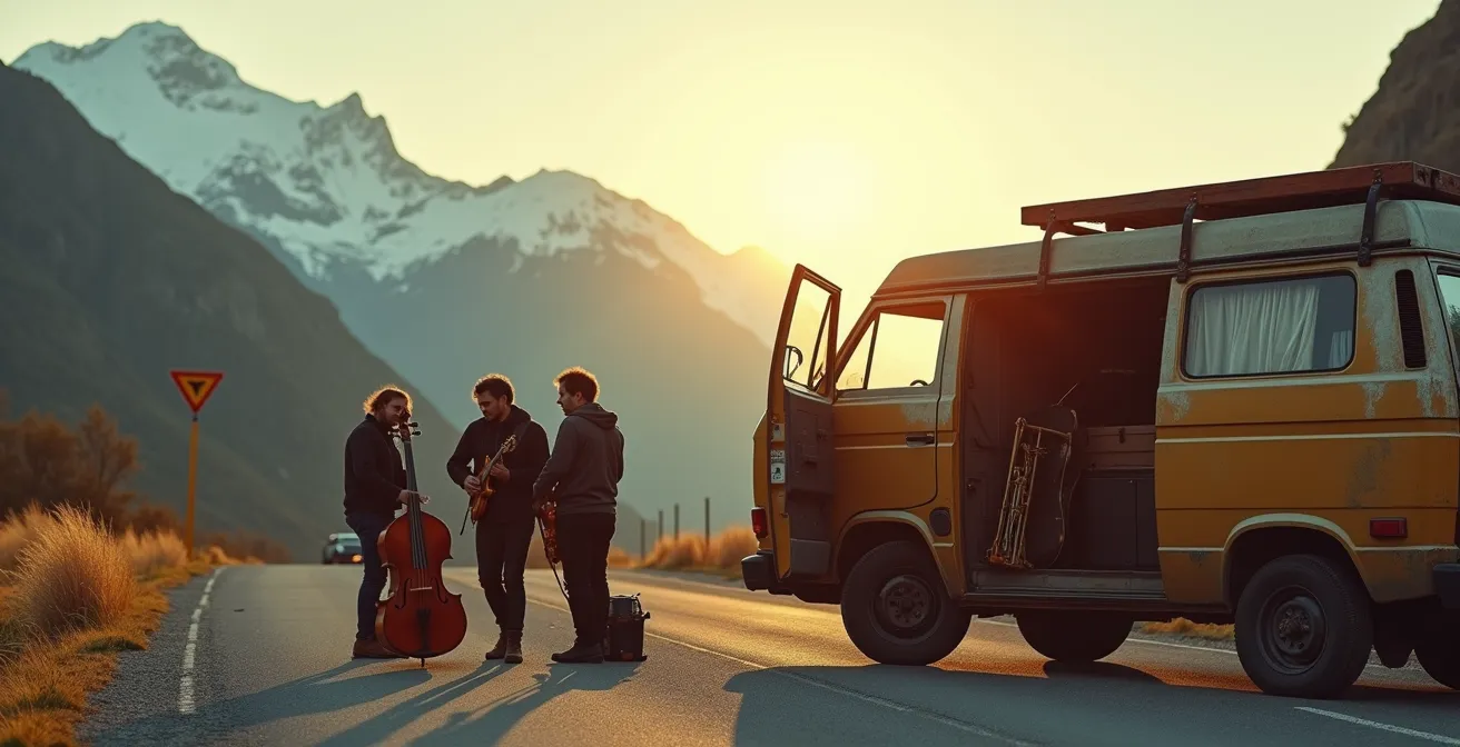 Musicisti italiani che caricano strumenti in un van per tour europeo low-cost