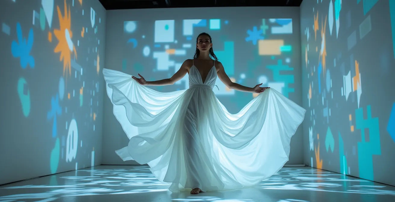 Proiezione video mapping su attore in movimento nello spazio teatrale