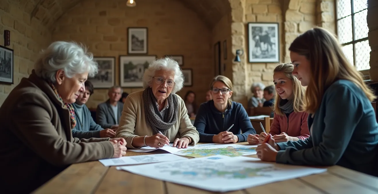 Gruppo di residenti anziani e giovani durante un workshop partecipativo in una sala comunale storica